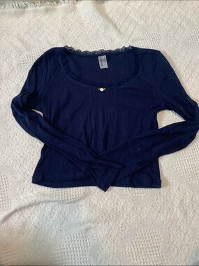 Navy Lace-Trim Long Sleeve Scoop Neck Top